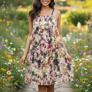 Floral Accordion Pleated Garden Dress Square Neck Spaghetti Strap Maximalist S